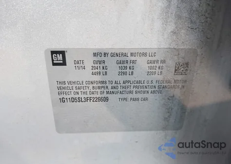 2015 Chevrolet Malibu 2Lt z USA, uszkodzony, nr VIN 1G11D5SL3FF226609